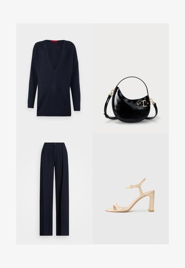 Maglione blu navy a maniche lunghe con scollatura a V profonda. Presenta una texture a coste e una vestibilità rilassata. Nessun hardware o motivo particolare.; Pantaloni navy a gamba larga con pieghe, chiusura a bottone e una texture di tessuto liscia. Progettati per una vestibilità comoda e ampia.; Sandal con tacco alto beige con cinturino alla caviglia e fibbia dorata, punta aperta e tacco a blocco su sfondo bianco.; Borsa a mano in pelle verniciata nera con forma curvilinea, tracolla regolabile e dettagli in hardware color oro sul lato. Texture liscia e lucida.