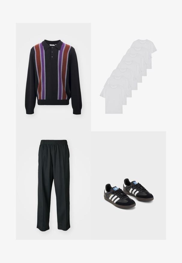 Fekete polo pulóver hosszú ujjakkal, lila, barna és fehér függőleges csíkokkal. Gombos gallér és bordázott szegély.; Fehér pamut pólók, rövid ujjúak, kerek nyak kialakítással, sima textúrával, sorba rakva, diszkrét logóval a nyaknál.; Fekete sportnadrág rugalmas derékkal, sima anyagból készült, finom oldalvarrással és laza illeszkedéssel, egyenes lábdesignnal.; Fekete sportcipők, velúrból és szintetikus anyagból készült felsőrésszel, három fehér csíkkal, textúrázott gumitalppal és kék logó címkével a nyelvén.