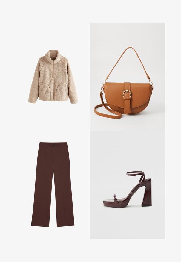 Fleece-Pullover in hellbeige mit hohem Kragen, halber Reißverschluss auf der Vorderseite und zwei Fronttaschen; besteht aus weichem, strukturiertem Stoff.; Weite Hose aus einem hochwertigen braunen Stoff. Mit einem Knopfverschluss, zwei frontalen Taschen, glatter Textur und klaren Linien.; Burgunderfarbene Lackleder-Absatzsandalen mit einem dicken quadratischen Absatz, dünnem Knöchelriemen und einem minimalistischen Zehenriemen-Design. Glatte, glänzende Oberfläche.; Braune Leder-Crossbody-Tasche mit geschwungener Form, goldfarbenen Beschlägen und einer Schnallenakzentuierung. Verfügt über einen abnehmbaren Schultergurt.