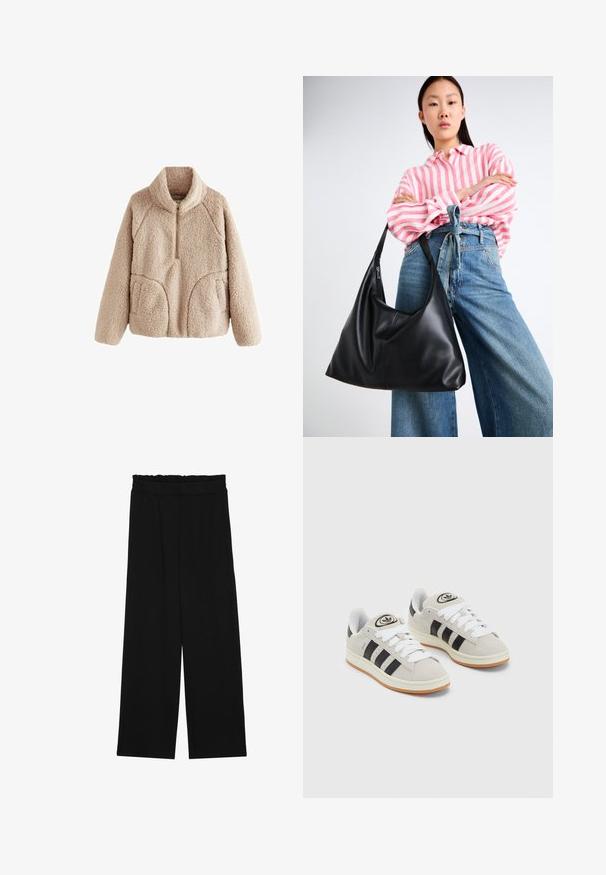 Sudadera de forro polar en color beige claro con cuello alto, cremallera frontal de media longitud y dos bolsillos frontales; presenta un tejido suave y texturizado.; Pantalones de pierna ancha negros con una cintura con volantes, que cuentan con dos bolsillos laterales y una tela suave y ligera. Sin patrones visibles ni accesorios.; Zapatillas de ante gris con cordones blancos, rayas negras y suela de goma blanca. Presentan un logo circular en la lengüeta y una suela de goma.; Bolso de hombro de cuero negro con forma relajada y detalles de costura. La modelo lleva una camisa a rayas rosas y blancas con jeans de pierna ancha azules.