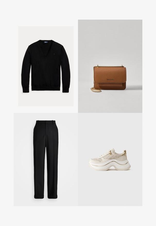 Polo Ralph Lauren WOOL V-NECK SWEATER - Svetr - black; Polo Ralph Lauren HIGH RISE RELAXED STRAIGHT TROUSER - Kalhoty - black; Béžové a zlaté platformové tenisky s vzorem "MK", šněrováním na přední straně, zlatým přívěskem a silnou vlnitou podrážkou na jednobarevném pozadí.; Hnědá texturovaná kožená kabelka přes rameno se zlatým řetízkovým popruhem a klopnovým uzavíráním. Přední strana obsahuje detail loga a kapsu pod klopou.