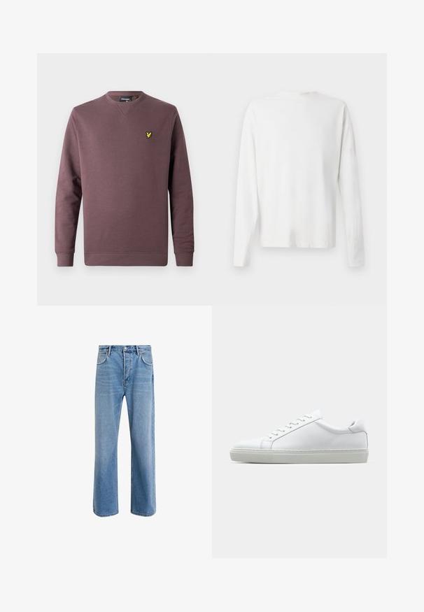 Vinrød genser i bomull, med rund hals, lange ermer og en gul fuglelogo på venstre bryst. Enkel design, ensfarget.; Langermet hvit bomullsskjorte med rund hals, sidespalter nederst og en jevn tekstur, vist fra baksiden.; Lys blå denimjeans med rett ben-design, fem lommer, knappeåpning, minimal falming og kontrasterende sømdetaljer.; Hvit sneakers med en glatt skinnoverdel og lav profil. Har en rund tå, seks snøring hull, og en teksturert gummisåle.