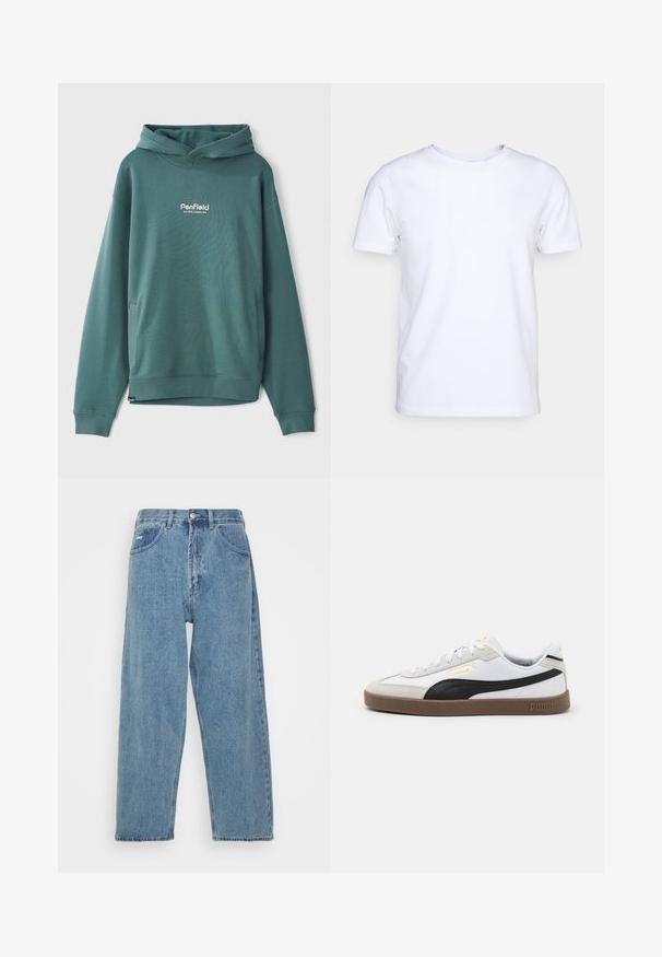 Zelená mikina s kapucňou vyrobená z bavlneného zmesi, s prednou kapsou, rebrovanými manžetami a vyšívaným bielym logom na prsiach.; Biela kratkosrstá bavlnená tričko s okrúhlym výstrihom. Jednoduchý dizajn bez vzorov alebo akcentov. Hladká textúra.; Svetlo modré džínsy s vysokým pásom a voľným strihom, s dvoma prednými vreckami, zadným nášivkovým vreckom a zapínaním na gombík.; Biele kožené tenisky s čiernym semišovým akcentom, okružný špičkový tvar, plochá hnedá gumová podrážka a zlatý embosovaný logo po stranách. Šnúrky a polstrovaný golier.