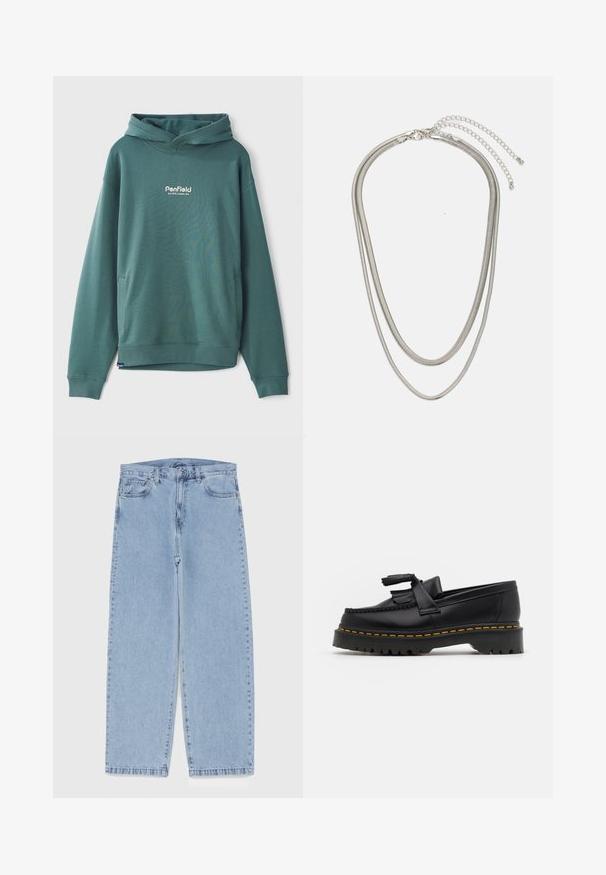 Zelena dukserica s kapuljačom, izrađena od mješavine pamuka, s prednjim dzepom, rebrastim manžetama i izvezenim bijelim logotipom na prsima.; Svijetloplave traperice s ravnim nogavicama, sa srednjim strukom, pet džepova i zatvaranjem na dugme i patentni zatvarač.; Crna kožna loaferica s resicama, koja ima čvrst crni potplat i žute šavove duž ruba. Teksturirana završna obrada.; Necklace od tri sloja srebrnog metala s elegantnim, fleksibilnim lančićima blagog sjaja, zatvoren s karabinera i prilagodljivim lančićem.