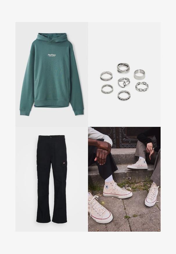 Hanorac verde cu glugă, fabricat dintr-un amestec de bumbac, având o tobă frontală, manșete ribbate și un logo alb brodat pe piept.; Pantaloni cargo negri cu un design drept, fabricați dintr-un material durabil, având buzunare laterale și un logo aplicat pe partea stângă.; Adidași înalți bej din pânză, cu dungi roșii, talpă din cauciuc alb și gromete metalice, având logo-ul iconic cu stea pe lateral.; Set de șapte inele din argint cu diverse modele, inclusiv modele răsucite, legate și gravate. Forme și lățimi diferite.