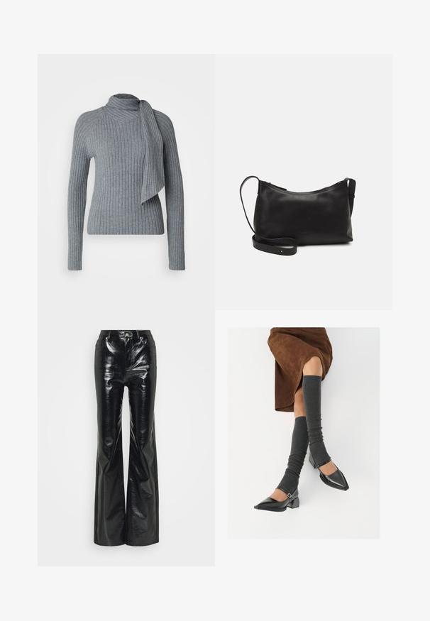 Sivý rebrovaný pletený sveter s vysokým golierom a voľne prehodeným šálom. Dlhé rukávy a priliehavý strih s textúrovanou tkaninou.; Čierne umelé kožené nohavice s rozšírenými nohavicami a lesklým povrchom, s vysokým pásom, prednými vreckami a striebornými kovovými akcentmi.; Čierne lakované kožené topánky s špicatou špičkou, blokovým podpätkom a členkovým remienkom, ktoré sú kombinované so šedými rebrovanými legínami a hnedou zamšovou sukňou.; Čierna kožená ramenná taška s hladkou textúrou, zakriveným tvarom, nastaviteľným popruhom a zipsom. Minimalistický dizajn bez ozdôb.
