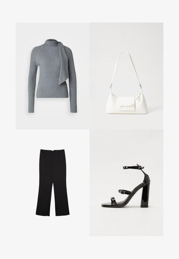 Grauer gerippter Strickpullover mit hohem Kragen und doppeltem Schaldetail. Lange Ärmel und taillierte Silhouette aus strukturiertem Stoff.; Schwarze Hose mit geradem Schnitt, ausgestattet mit Fronttaschen und Seitenschlitzen am Saum. Hergestellt aus weichem, glattem Stoff. Geeignet für verschiedene Anlässe.; Schwarze patentierte Sandalen mit Absatz, quadratischer Spitze, Knöchelriemen und silbernen Schnallen. Mit einem stabilen Blockabsatz für mehr Stabilität.; Weiße synthetische Handtasche in dreieckiger Form, flache Vorderklappe und Schleifendetail, verstellbarer Trageriemen, glatte Textur und minimalistisches Design.
