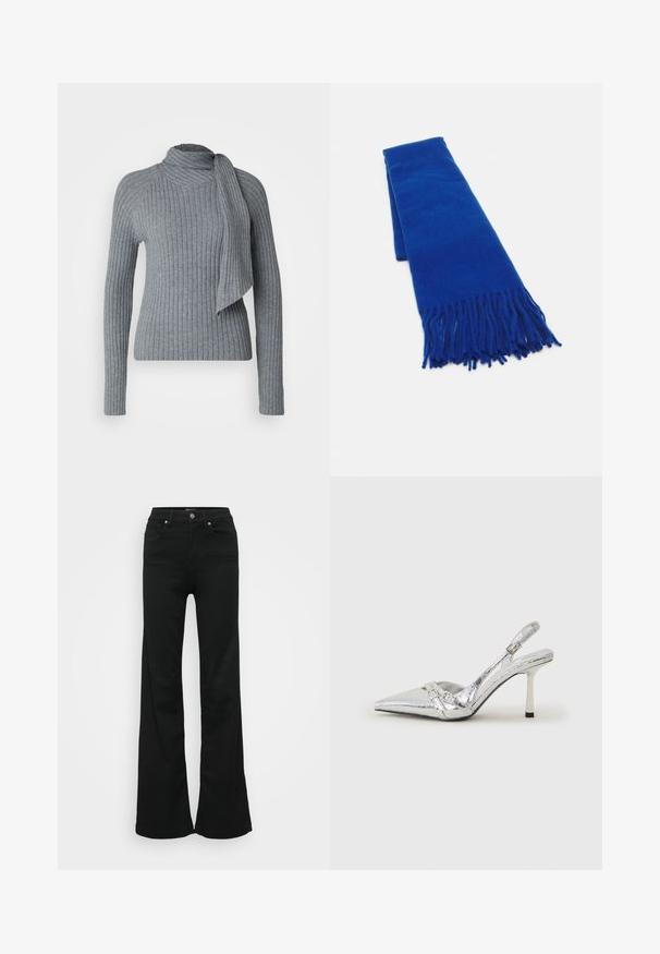 Grå ribbestrikket genser med høy hals og drapert skjerfdetalj. Lange ermer og en tettsittende silhuett med teksturert stoff.; Svarte utsvingte jeans laget av denim, med høy midje, fem lommer og metallknapplukking. Glatt tekstur med minimal detaljering.; Sølv slingback høyhelte sko med spiss tå, metallisk finish, to dekorative stropper, og en slank hæl med svart tupp.; Blå vevd skjerf med duskete ender, glatt tekstur, rektangulær form og jevn farge gjennomgående. Egnet for kaldt vær.