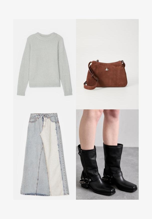 Světle šedý pletený svetr s vroubkovaným kulatým výstřihem a vroubkovanými rukávy. Klasický střih a měkká textura, žádné viditelné vzory nebo motivy.; Džínová sukně s patchwork vzorem obsahující světlé a středně modré části, roztrhané okraje a vysoký pas. Klasický pětikapsový styl.; Černé kožené vysoké boty po kolena se čtveratou špičkou, bočním zipem a nastavitelným páskem s kovovým řetízkem. Matný povrch a pevná podrážka.; Hnědá semišová kabelka se zipovým uzávěrem, nastavitelným ramenním popruhem a stříbrnými doplňky, s jemně texturovaným povrchem.