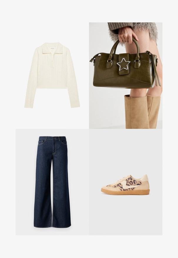 Korte trui in crème, met een kabelbreipatroon, een brede kraag en geribbelde mouwen. Gemaakt van zachte, gestructureerde stof.; Stijlen met wijde pijpen in donkerblauw denim. Kenmerkt zich door contrasterende stiksels, vijf zakken en een knoopsluiting in de taille. Soepele textuur.; Luipaardprint sneakers met een beige suède bovenkant, tan rubberen zool en witte accenten. Ronde neus en vetersluiting met een gestructureerde afwerking.; Olijf groen neplederen handtas met zilveren steraccent, dubbele handvatten en een ritssluiting. Gelaagd oppervlak en gestructureerde vorm.