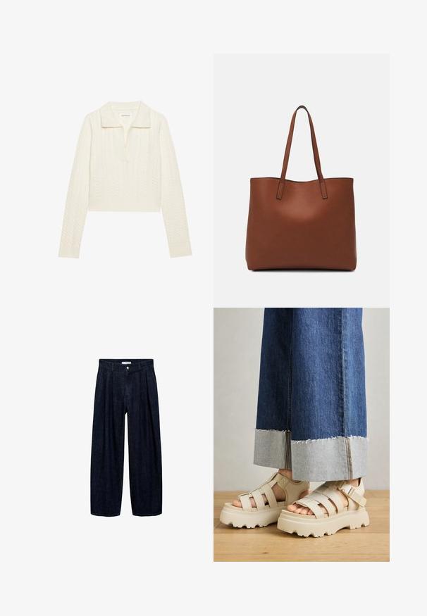 Lyhyt villapusero vaaleassa kreemissä, jossa on kabelineulekuvio, leveä kaulus ja ribbikuvioidut hihansuut. Valmistettu pehmeästä, teksturoidusta kankaasta.; Tummansinisiä leveälahkeisia housuja, joissa on laskoksia vyötäröllä, etupainike ja vyön lenkit. Sujuva rakenne ja täyspitkä muotoilu.; Beige platform-sandaalit paksuilla pohjilla, joissa on hihnallinen muotoilu ja säädettävät nilkkahihnat. Yhdistettyinä leveälahkeisiin farkkuihin, joiden yksi helma on revitty.; Ruskea nahkainen olkalaukku, jossa on sileä pinta, avoin yläosa ja kaksi olkahihnaa. Omaavat vain minimaalisen ompelun eikä näkyvää metalliosaa.