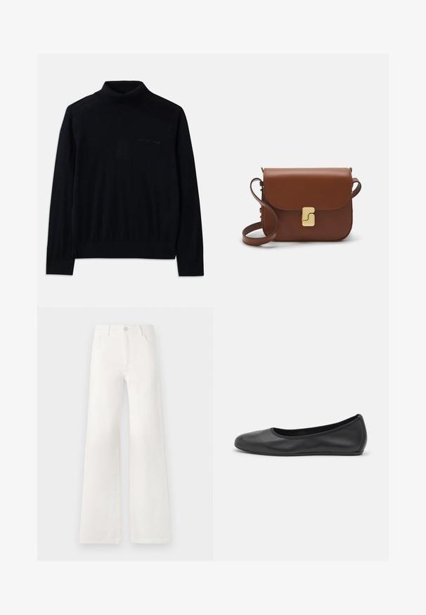 Schwarzer Rollkragenpullover aus weichem Stoff, mit langen Ärmeln und einem dezenten aufgestickten Logo auf der Vorderseite. Einfaches Design mit gerippten Abschlüssen.; Weißes geripptes T-Shirt mit kurzen Ärmeln und Rundhalsausschnitt. Der Stoff wirkt glatt und hat eine figurbetonte Silhouette. Markenlabel am Kragen sichtbar.; Weiße, hoch taillierte, weite Jeans aus Denim. Verfügt über einen Knopfverschluss, zwei Fronttaschen und Seitennähte mit Stickdetails.; Schwarze Leder-Ballettschuhe mit abgerundeter Spitze, glatter Textur, minimalen Nähdetails und einem flexiblen Sohlen-Design.; Braune Ledertasche mit Klappenverschluss, Beschlägen in Goldfarbe, einem Schultergurt und einer glatten Oberfläche. Kompakte rechteckige Form.