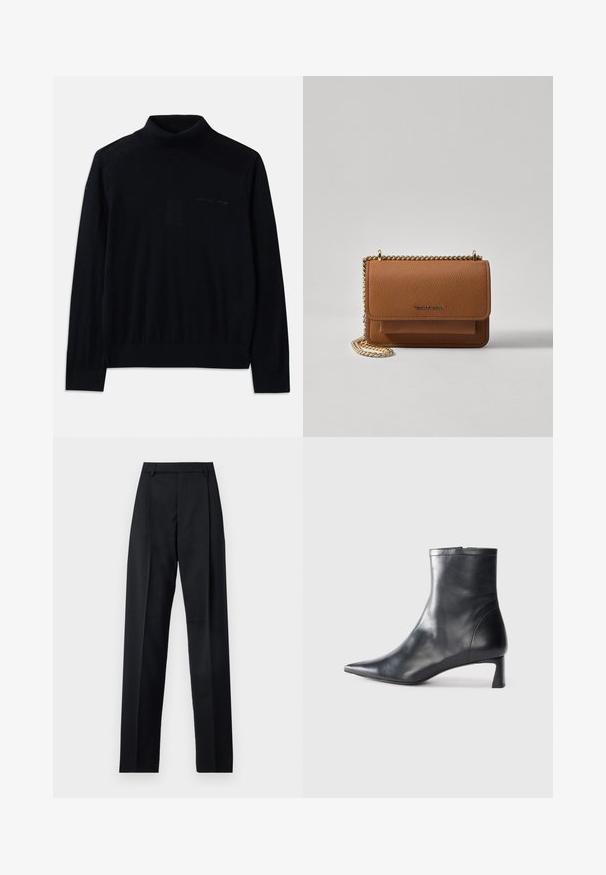 Fekete garbó pulóver puha anyagból, hosszú ujjakkal és diszkrét hímzett logóval az elején. Egyszerű design bordás szegéllyel.; Fekete nadrág sima anyagból, magas derékkal, széles lábakkal, elülső redőkkel és klasszikus övhurkokkal. Oldalzsebek nem láthatók.; Fekete bőr bokacsizma hegyes orral és letisztult dizájnnal. Alacsony sarka és hátsó cipzáras záródása van. Simának tűnő textúra.; Barna textúrájú bőr keresztbody táska arany lánc pánttal és fedélzárral. Az elején logó részlet és egy zseb található a fedél alatt.