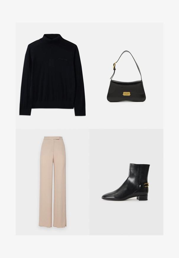 Black turtleneck sweater made of soft fabric, featuring long sleeves and a subtle embroidered logo on the front. Simple design with ribbed hems.; Beige wide-leg trousers made from a lightweight fabric. Features a smooth texture, front pockets, and a subtle waistband design.; Black leather ankle boot with a pointed toe, block heel, and a decorative gold buckle accent on the back. Smooth texture, minimal design.; Black leather handbag with a curved design, gold logo plate accent, and a slim shoulder strap. Smooth texture with a sleek finish.