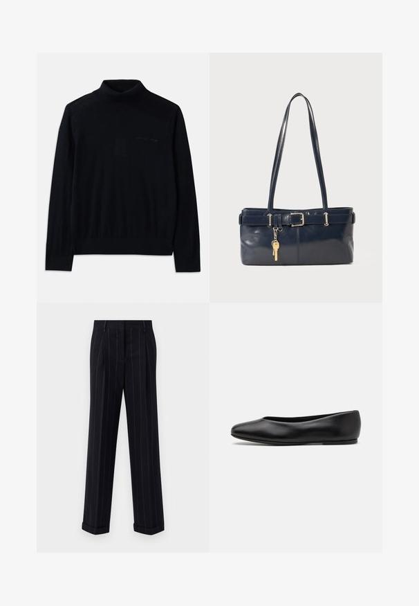 Svart polotröja i mjukt tyg, med långa ärmar och en subtil broderad logotyp på framsidan. Enkel design med ribbad nederkant.; Svarta randiga byxor med skräddarsydd passform, med uppvikta fållar och frontveck. Tillverkade av ett mjukt tyg med en strukturerad design.; Paul Smith TOPANGA - Ballerinaskor - black; Marinblå läderhandväska med två långa handtag, en spänndetalj och en nyckelring fäst. Har en slät yta och en rektangulär form.