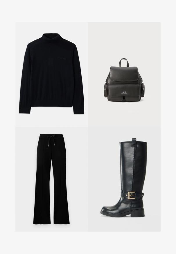 Juodas golfo megztinis, pagamintas iš minkštos medžiagos, su ilgomis rankovėmis ir subtiliu siuvinėtu logotipu priekyje. Paprastas dizainas su raštuotais kraštais.; Juodi platūs sportiniai kelnių su raišteliu liemeniu, šoninėmis įpjovomis, minkšta medžiaga ir elegantiškas dizainas.; Juoda odinė aukščiau kelių batas su žemu bloku kulnu, dekoratyvi auksinė sagtis aplink čiurną ir traukiantis kilpelis viršuje.; Juodas odinis kuprinė su uždengimu, priekinė kišenė, šoninės užtrauktukų kišenės ir viršutinė rankena. Priekyje yra logotipo detalizavimas.