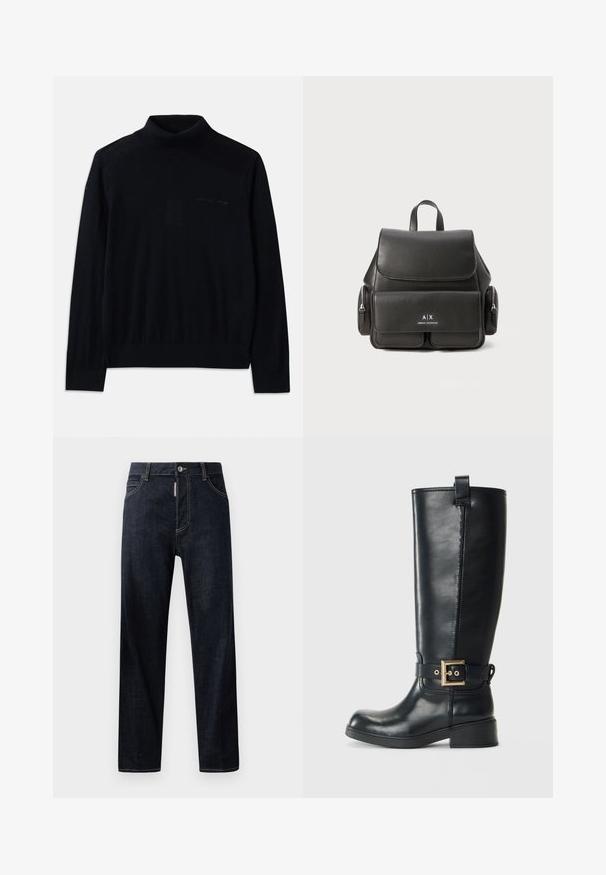 Svart polotröja i mjukt tyg, med långa ärmar och en subtil broderad logotyp på framsidan. Enkel design med ribbad nederkant.; Mörkblå denimjeans med rak passform, med knappstängning, bältesöglor och ljusa kontrasterande sömmar. Inga mönster eller dekorationer.; Svart läderstövel i knähöjd med låg blockklack, dekorativt guldspänne runt vristen och en dragrem högst upp.; Svart läderryggsäck med lockstängning, framficka, sidofickor med dragkedja och ett handtag på toppen. Har logotypdetaljer på framsidan.