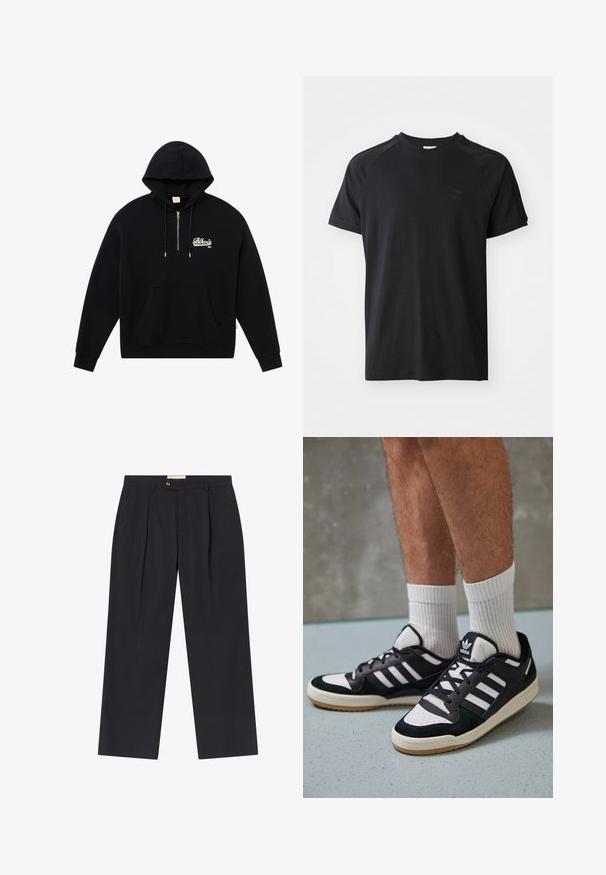 Μαύρη κουκούλα με τσέπη μπροστά, φερμουάρ στον λαιμό και κεντημένο λογότυπο "Blkrls NY" σε λευκό. Κατασκευασμένη από μαλακό ύφασμα, με ριμπ μανσέτες.; Μαύρη βαμβακερή μπλούζα με στρογγυλή λαιμόκοψη, κοντά μανίκια και σχέδιο ραγλάν. Διαθέτει υφή λογότυπο στο αριστερό μέρος του στήθους. Λείο φινίρισμα.; Ραμμένα παντελόνια σκούρου ναυτικού χρώματος με ψηλή μέση, δύο πτυχές μπροστά, κλείσιμο με κουμπί και ίσια πόδια από λείο ύφασμα.; Μαύρα και λευκά αθλητικά παπούτσια με άνω μέρος από σουέτ και δέρμα, featuring τρεις λευκές ρίγες, περατά δάχτυλα και σόλα από καουτσούκ τύπου γκαστ.