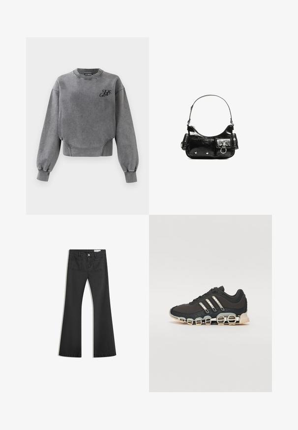 Šedá mikina s dlouhými rukávy, lemovaným výstřihem a elastickými manžetami. Obsahuje malé černé logo na hrudi a má uvolněný střih.; Černé rozšířené džíny vyrobené z jemného džínsového materiálu, se dvěma zadními kapsami a zapínáním na knoflík v pase.; Černá atletická bota s texturovaným svrškem, třemi stříbrnými pruhy a výraznou odpruženou podrážkou se spoustou integrovaných sekcí.; Černá lakovaná kožená kabelka s křivkovým tvarem, jedním ramenním popruhem, předními kapsami a stříbrnými kovovými detaily.