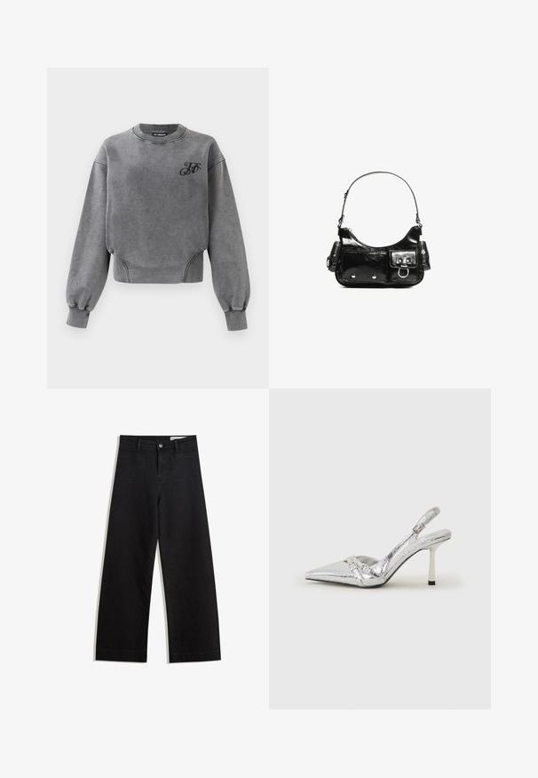 Szary sweter z długim rękawem, z żebrowanym dekoltem i elastycznymi mankietami. Posiada małe czarne logo na klatce piersiowej oraz luźny fason.; Czarne dżinsowe spodnie o szerokich nogawkach i wysokim stanie, z przednimi i tylnymi kieszeniami, przeszyciami oraz zapięciem na guziki. Gładka struktura.; Srebrny but na wysokim obcasie typu slingback z ostrym noskiem, metalicznym wykończeniem, dwiema dekoracyjnymi taśmami i smukłym obcasem z czubkiem w kolorze czarnym.; Czarna torebka z lakierowanej skóry o zaokrąglonym kształcie, z jednym paskiem na ramię, przednimi kieszeniami i akcentami w kolorze srebrnym.