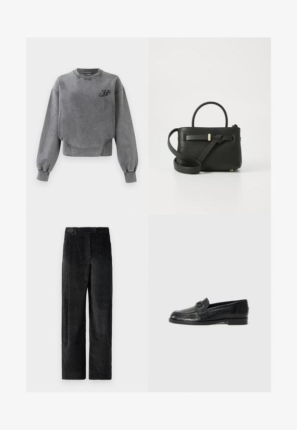 Szary sweter z długim rękawem, z żebrowanym dekoltem i elastycznymi mankietami. Posiada małe czarne logo na klatce piersiowej oraz luźny fason.; Czarne, strukturalne spodnie z szerokimi nogawkami i wyraźnym splotem, z zaszewkami z przodu oraz płaskim pasem. Klasyczny design zapewniający wszechstronność.; Czarne skórzane loafersy z gładką cholewką, wytłaczanym wzorem liniowym oraz dekoracyjnym zapięciem w przedniej części. Niski, blokowy obcas.; Czarna skórzana torebka o teksturowanym wykończeniu, z górnymi uchwytami i długim regulowanym paskiem. Posiada złote akcenty z hardware'u z przodu.