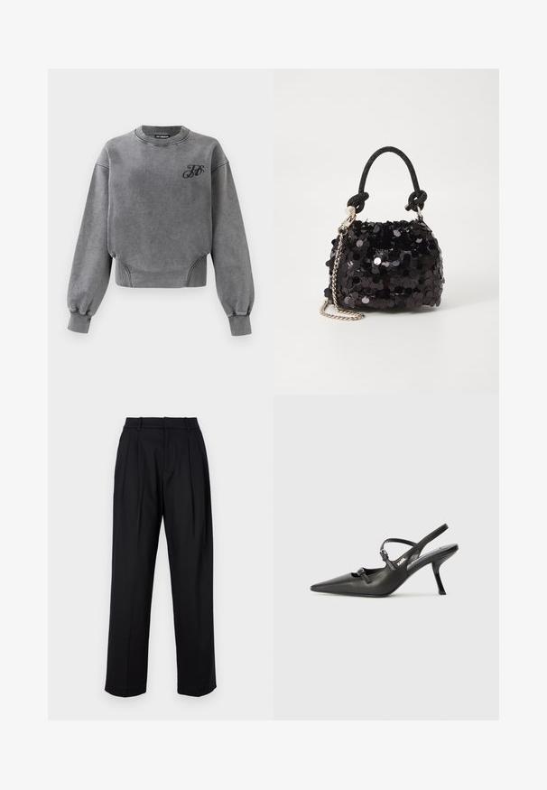 Hallideh Grey särk pika varrukaga, ribaga kaelaserv ja elastsed mansetid. Esiküljel on väike must logo ja sellel on lõdva lõike disain.; Mustad püksid elegantse lõikega, kõrge talje, voldid ja sirge jalgade lõikega. Valmistatud siledast kangast ühtlases värvitoonis.; Must musta slingback kontsad, terava nina, peenike konts ja dekoratiivne pandla detail peal. Sile tekstuur ja stiilne disain.; Must have mustrõngus mustal sädelev mini käekotil on sõlme tekstuuriga rihm ja hõbedane ketis. Ümar kuju, kokku kogutud ülaosa ja peegeldav detail.