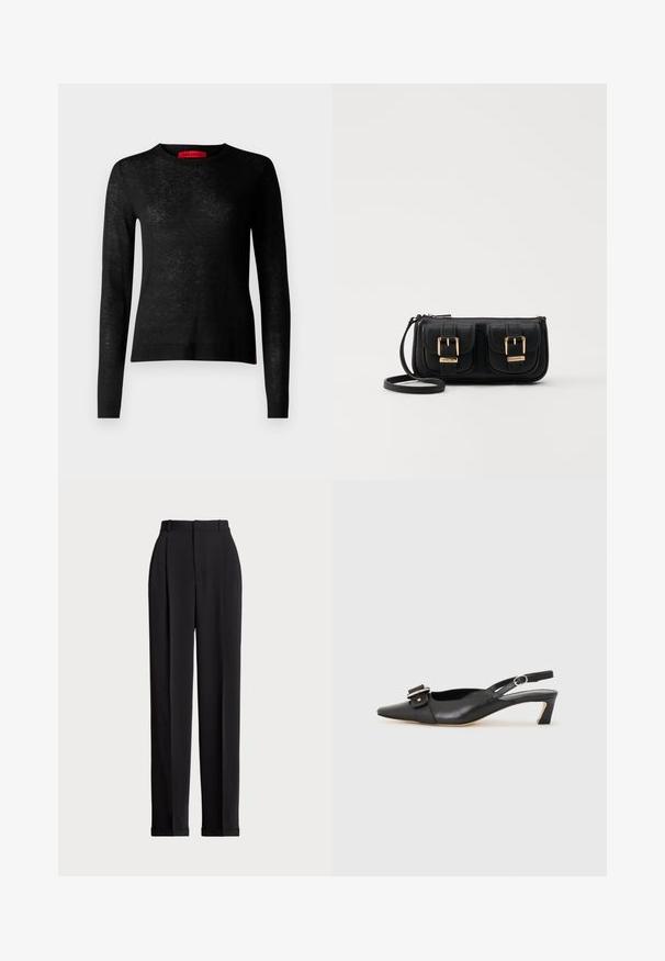 MAX&Co. MONIQUE - Strickpullover - schwarz; Schwarze, taillierte Hose mit hoher Taille, mit Falten vorne, geradem Bein-Design und umgeschlagenem Saum. Aus glattem Stoff gefertigt.; Schwarzer Leder Slingback-Schuh mit spitzer Zehenform, kleinem Absatz und dekorativem Schnallen-Detail auf dem Obermaterial. Glatte Textur, minimalistisches Design.; Schwarze Leder-Umhängetasche mit zwei vorderen Taschen, goldenen Schnallen, Reißverschluss und einem schmalen Tragegurt. Texturierte Oberfläche und kompakte rechteckige Form.