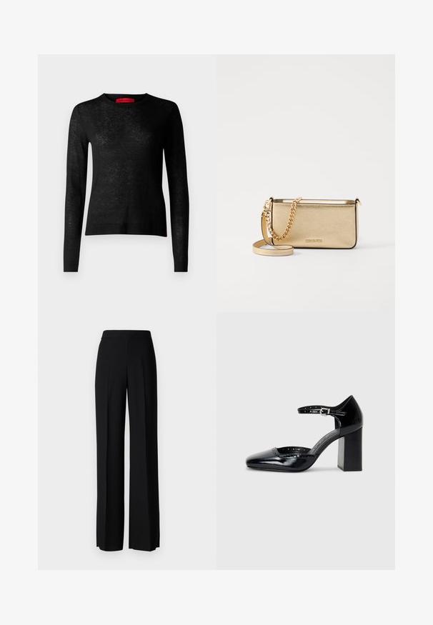 MAX&Co. MONIQUE - Strikkegenser - schwarz; Sorte vidde bukser med en glatt tekstur, med høy midje og sentrale folder. Ingen synlige mønstre eller maskinvaredetaljer.; Sorte lakk lær høye hæler med firkantet tå, ankelrem og chunky hæl. Inkluderer perforerte detaljer langs kanten.; Metallisk gullfarget skinnlommebok med teksturert finish, featuring en gullkjede-rem og en avtagbar skulderrem. Merkets logo er preget.