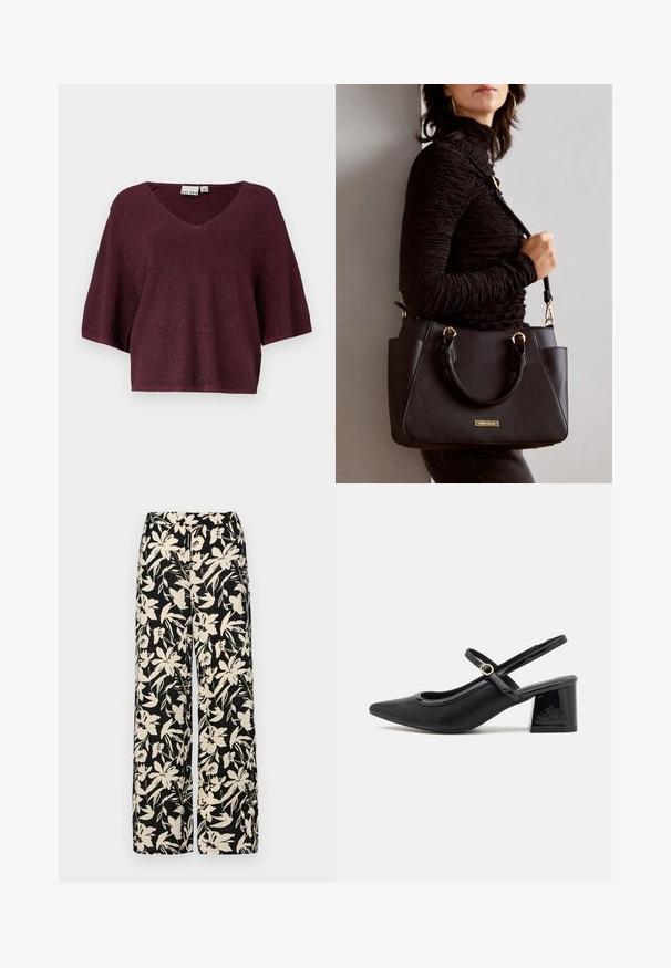 Burgundské pletené tričko s výstřihem do V, krátkými rukávy a uvolněným střihem. Má jemnou lesklou texturu po celém materiálu.; Černé kalhoty s širokými nohavicemi a krémovým květinovým vzorem. Vyrobené z lehké tkaniny, s hladkým povrchem a vysokým pasem.; Černé lakované lodičky s otevřenou patou, špičatou špičkou, zaobleným střihem a blokovým podpatkem. Zdobené akcentem v zlatém tónu.; Černá kabelka s texturovaným povrchem, dvojitými horními uchy a nastavitelným ramenním popruhem. Obsahuje zlaté kovové prvky a boční kapsy.