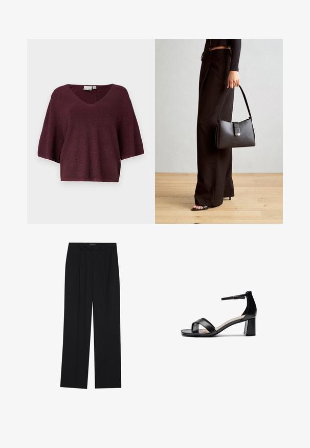Bordový pletený top s V-výstrihom, krátkymi rukávmi a voľným strihom. Vyznačuje sa jemnou lesklou textúrou po celom materiáli.; Čierne nohavice so strihom rovného nohu, s dvoma prednými vreckami a pásom. Vyrobené z hladkej, ľahkej textílie.; Čierne sandále na podpätku s otvorenou špičkou, prekríženej remienky, nastaviteľným remienkom na členku a masívnym podpätkom, s hladkým koženým povrchom.; Čierna kabelka so štruktúrovaným tvarom, hladkou textúrou a kovovou sponou. V kombinácii so širokými čiernymi nohavicami a sandálmi s otvorenou špičkou na drevenej podlahe.
