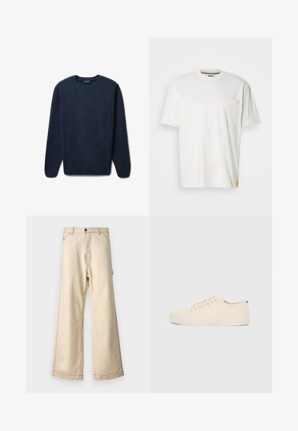 Maglione blu navy realizzato in tessuto morbido e testurizzato. Presenta un collo rotondo, polsini a coste e orlo. Design semplice senza motivi né accenti.; T-shirt bianca in cotone con scollo rotondo, maniche corte e taschino sul lato sinistro del petto. Presenta un piccolo logo su un lato della cucitura.; Pantaloni beige a gamba larga in cotone con chiusura a zip e bottone, caratterizzati da cuciture a contrasto e tasche laterali.; Sneaker in tela beige con punta rotonda, suola in gomma piatta e lacci sulla parte anteriore. Presenta un design minimalista e un accento nero a contrasto sul tallone.