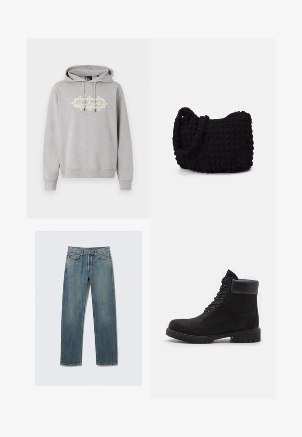 Sivá mikina vyrobená z bavlnenej zmesi, s predným grafickým motívom v off-white farbe a ozdobným vzorom. Obsahuje sťahovacie šnúrky a rebrované manžety.; Modré džíny so straight-leg strihom, s prednými a mincovými vreckami, poutkami na opasok a kovovým zapínaním na jednoduchom pozadí.; Čierne šnurovacie členkové topánky s polstrovaným golierom a robustnou podrážkou, zobrazené zboku na bielom pozadí.; Čierna látková taška s textúrovaným, prešívaným vzorom. Zaoblený tvar, krátke, hrubé rúčky a mäkká, flexibilná konštrukcia.