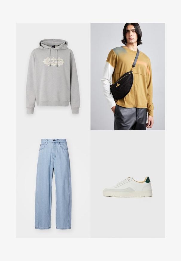 Grauer Hoodie aus Baumwollmischung mit einem Frontdruck in cremefarbenem Text und einem verschnörkelten Muster. Mit Kordelzug und gerippten Bündchen.; Helle blaue Denim-Jeans im weit geschnittenen Design, mit Fronttaschen, einem Knopfverschluss und detaillierten Nähten entlang der Säume.; Weiße Sneaker mit Wildlederelementen, runder Zehenpartie, flachen Schnürsenkeln und einer cremefarbenen Gummisohle. Mit grünen Markenlogo am Fersenbereich.; Vivienne Westwood CITY BUMBAG UNISEX - Gürteltasche - black