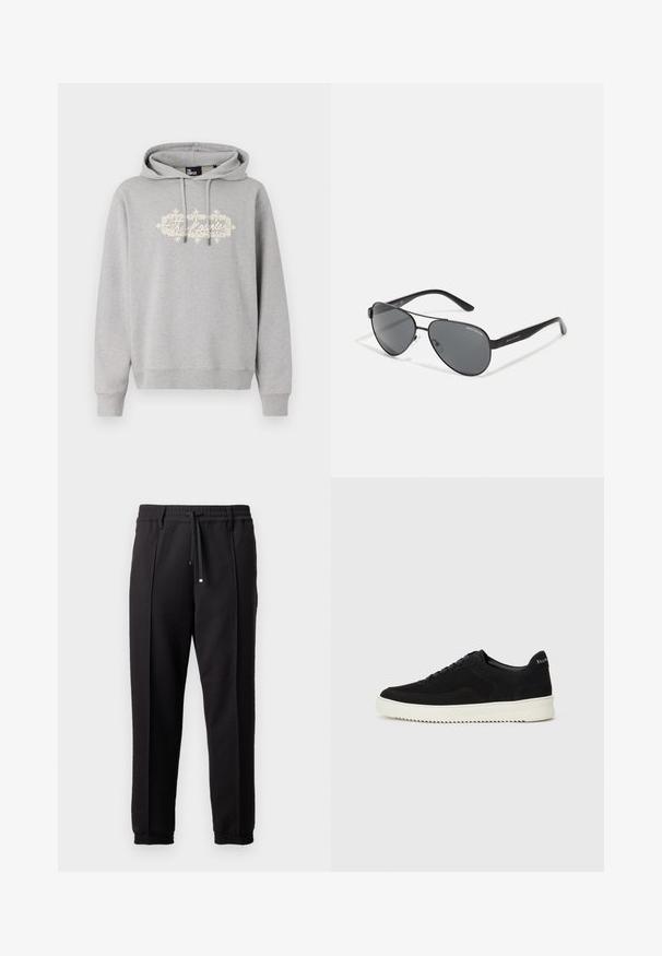 Gray hoodie made of cotton blend, featuring a front graphic in off-white text and ornate pattern. Includes drawstrings and ribbed cuffs.; Black trousers with a waistband, drawstring, and elastic cuffs. Features pleats and a smooth, textured fabric.; Black suede sneaker with lace-up design and contrasting white rubber sole. Features textured side panels and subtle branding on the heel.; Black aviator sunglasses with dark lenses, thin metal frame, and slender plastic arms featuring logo accents.
