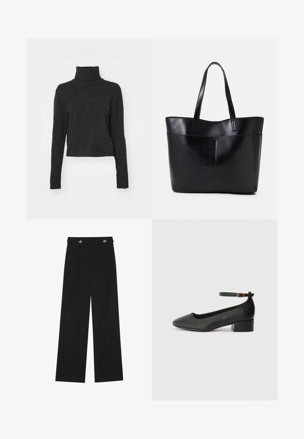 Must have mustahke helmed turtleneck sviiter pehmes, tekstuurses kangas, millel on pikad varrukad ja soonikkoes lisad kaeluses ja ääres.; Mustad laiad püksid kõrge vöökoha ja nööpdetailidega vööandil, esikortsudega.; Must mustaapp, millel on terav nina ja madal blokk-kand. Omab pahkluu rihma koos kuldse tooni pandlaga. Sile tekstuur.; Must mustaga musta nahast, millel on kaks pikka kanda, sile tekstuur ja struktureeritud kuju. Esipoolsel on lisakoti jaoks tasku.