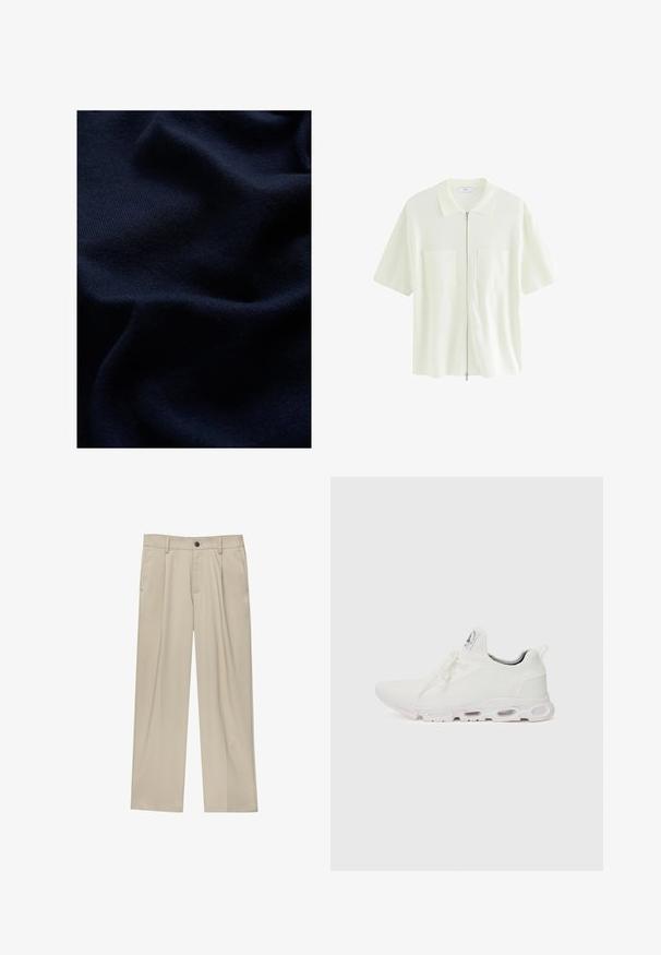 WE Fashion THE COMFORT - Pulover - blue; Cămașă albă cu mânecă scurtă și fermoar, realizată dintr-un material texturat, având un guler și două buzunare frontale cu clapete pătrate.; Pantaloni bej cu croi drept, dotati cu un singur nasture negru, bucle pentru centură și buzunare laterale. Textură de țesătură netedă și design minimal.; Adidași albi cu un superior din țesătură texturată, șireturi plate și o talpă cu perne de aer vizibile pentru suport suplimentar.