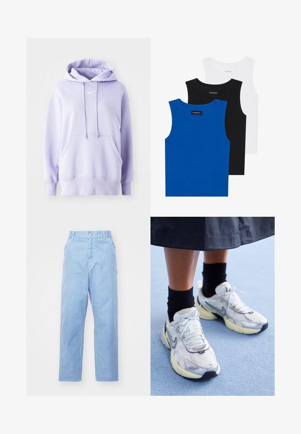 Hoodie oversized roxo com bolso frontal, capuz com cordão e logótipo branco da Nike no peito, feito de um tecido suave com uma textura lisa.; Três camisetas sem mangas em azul, preto e branco. O tecido é canelado com um decote redondo. Cada camiseta tem uma etiqueta com a inscrição "even&odd."; Calças de denim azul-claro com um design de perna reta, fecho de botão e bolsos frontais. O tecido tem uma textura subtil com um acabamento suave.; Sapatilhas Nike brancas e prateadas com tecido em malha, detalhes refletivos e sola bege. Usadas com meias pretas, de pé sobre uma superfície azul.