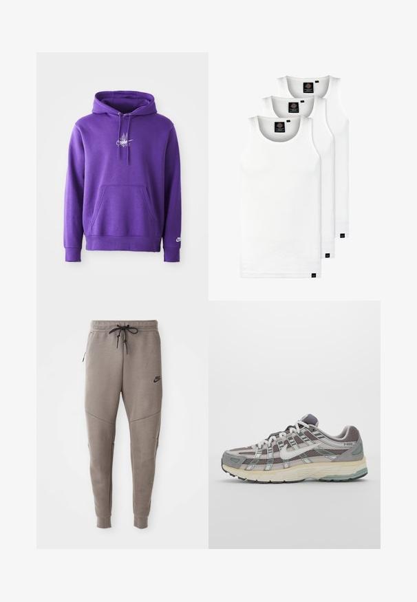 Lila kapucnis pulóver puha anyagból, elülső zsebbel, húzózsinórral a kapucnin, és egy fehér logóval a mellrészen. Simma textúra.; Három fehér csíkos pamut trikó. Felső része kerek nyakkivágású, és a szegély közelében kis fekete címkék találhatók. Több méretben elérhető.; Szürke Nike melegítőnadrág húzózsinórral a deréknál, keskeny lábakkal, oldalsó zsebekkel és jellegzetes varrás részletekkel. Puha, texturált anyag.; Szürke sportcipő, hálós és velúr felsőrésszel, fehér részletekkel, párnázott talppal és jellegzetes dizájnnal, amely visszaverő elemeket tartalmaz.