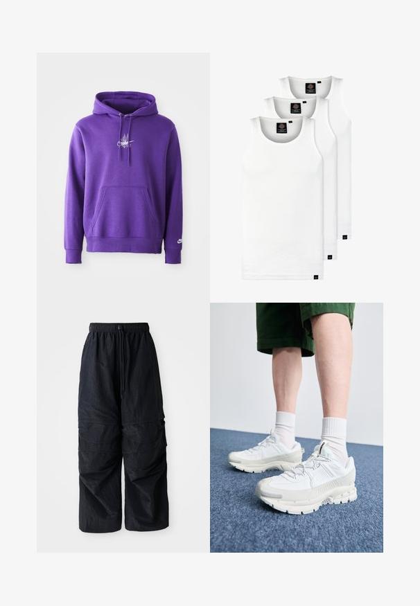 Violets džemperis, kas izgatavots no mīksta materiāla, piedāvā priekšējo kabatu, aukliņas kapuci un baltu logotipu uz krūtīm. Gluda tekstūra.; Trīs baltas ribotas krūšturi, kas izgatavoti no kokvilnas. Iezīmēti ar apaļu kakla izgriezumu un maziem melniem etiķetēm tuvu apakšmalai. Pieejami vairākos izmēros.; Melnas vieglas neilona cargo bikses ar elastīgu jostu, regulējamu auklu un vairākiem slāņotiem kabatām uz kājām.; Baltas sporta apavi ar teksturētām detaļām, masīvu zoli un pelēkiem akcentiem. Valkāti ar baltiem zeķu pēdu apģērbiem un zaļām šortiem uz zilas virsmas.