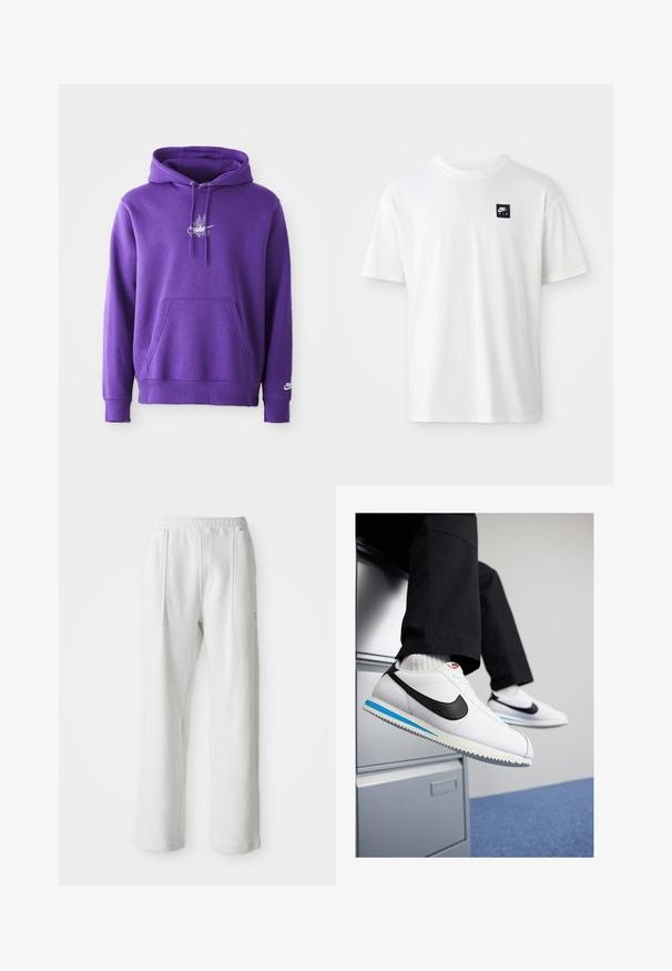 Purple hoodie made of soft material, featuring a front pocket, drawstring hood, and a white logo on the chest. Smooth texture.; White cotton t-shirt with short sleeves and a crew neck; features a small black rectangular Nike Air logo on the left chest.; White casual pants with an elastic waistband and large front patch pockets, displayed on a plain light background.; White leather sneakers with a black Nike swoosh, light blue and grey rubber sole, and classic lace-up design. Feet resting on a filing cabinet.