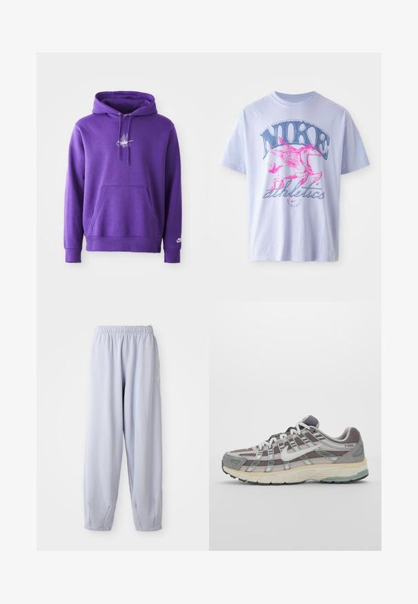 Lilla hettegenser laget av mykt materiale, med en frontlomme, snøring i hetten og en hvit logo på brystet. Glatt tekstur.; Lyse lilla bomull T-skjorte med grafikk av en vingerhest i rosa og blått med teksten "NIKE" og "athletics", korte ermer og rund hals.; Lyse lavendel joggebukser laget av myk stoff med elastisk midjebånd og samlede ankler. Har subtil merking på siden.; Grå treningssko med overdel i nett og semsket skinn, hvite detaljer, en polstret såle, og et særpreget design med reflekterende elementer.