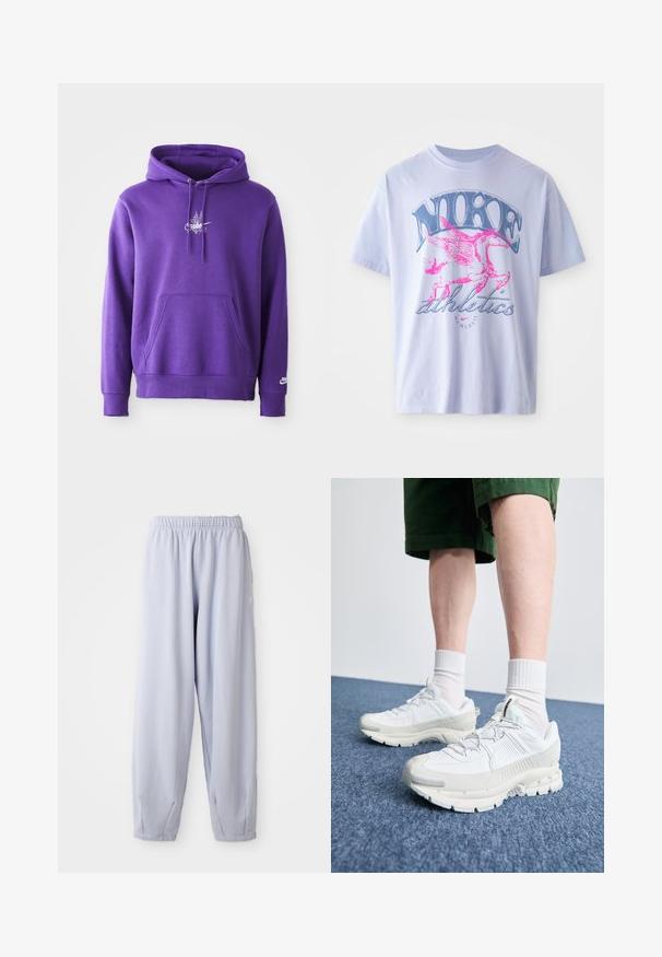 Violets džemperis, kas izgatavots no mīksta materiāla, piedāvā priekšējo kabatu, aukliņas kapuci un baltu logotipu uz krūtīm. Gluda tekstūra.; Gaiši violets kokvilnas T-krekls ar rozā un zila spārnotā zirga grafiku, uz kura redzams teksts "NIKE" un "athletics", īsām piedurknēm un apaļu kakla izgriezumu.; Gaiši lavandas krāsas sporta bikses, kas izgatavotas no mīksta auduma ar elastīgu jostasvietu un savelkiem uz potītēm. Satur diskretu zīmolu uz sāniem.; Baltas sporta apavi ar teksturētām detaļām, masīvu zoli un pelēkiem akcentiem. Valkāti ar baltiem zeķu pēdu apģērbiem un zaļām šortiem uz zilas virsmas.