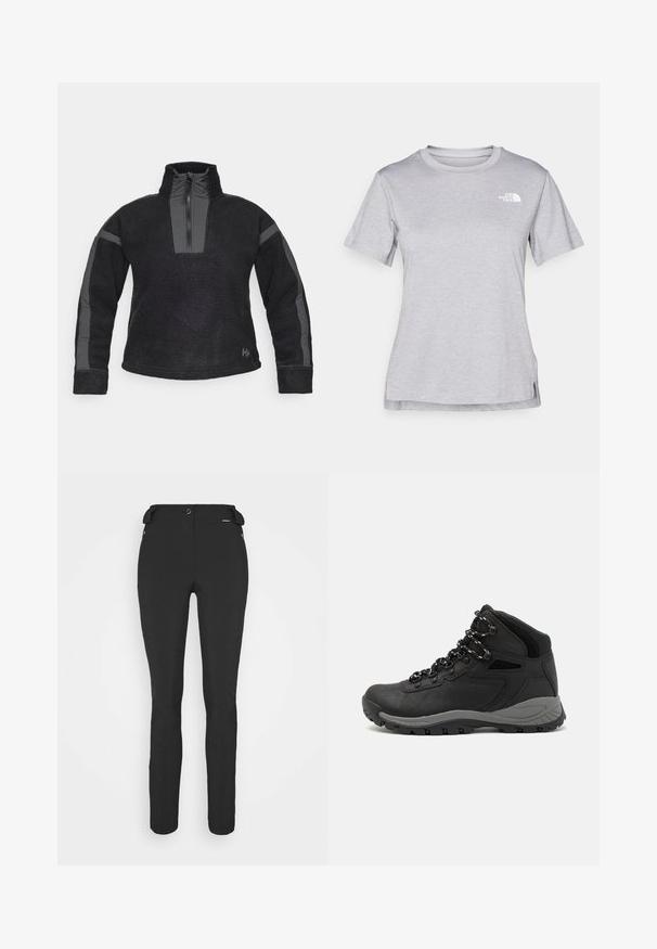 Black fleece pullover with a high collar, quarter-zip, and gray accent panels on sleeves. Soft texture with a relaxed fit.; Grey short-sleeve t-shirt made of soft, moisture-wicking fabric. Features a crew neck and a small white logo on the upper left.; Black, fitted pants made from a flexible material. Features include a zippered side pocket, articulated knees, and a smooth texture.; Black hiking boot with a mid-top design, featuring a textured upper, gray accents, and durable rubber sole with traction lugs.