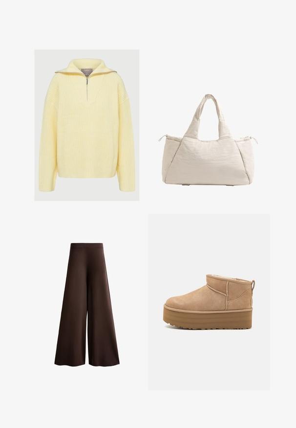 Neulepusero pehmeässä keltaisessa, jossa on puolivetoketju, leveä kaulus ja ribattu rakenne. Rentoa istuvuutta, pitkät hihat.; Ruske leve široke hlače iz mehkega materiala, z visokim pasom, subtilno teksturo in fluidno silhueto brez vidnih zapiranj ali okraskov.; Beige mokasiinit nilkkakengät, joissa on pehmeä sisus, alustalla ja takana vetoluukku, joka helpottaa pukemista. Pintakuvioitu kumipohja.; Beige kera laukku, jossa on kaksi kahvaa, pyöreä muoto, tekstuurinen kangas ja nyörivuori-tasku sivulla. Sujuva viimeistely, minimalinen muotoilu.