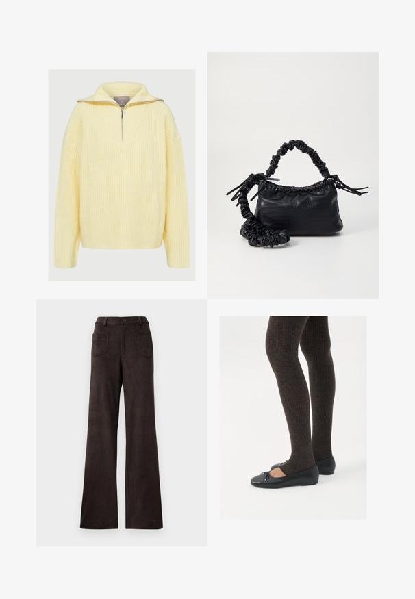Pull en maille doux jaune clair, avec un design à demi-zip, un large col et une texture côtelée. Coupe ample avec des manches longues.; Pantalons à large jambe marron en tissu doux et texturé. Les caractéristiques incluent une fermeture à bouton et deux poches avant.; Chaussures plates noires avec un petit nœud au niveau des orteils, associées à des collants côtelés marron foncé. Les chaussures ont une texture lisse et un profil bas.; Sac à main en simili cuir noir avec une texture crocodile, un dessus resserré et une sangle froncée. A l'apparence douce et compacte.