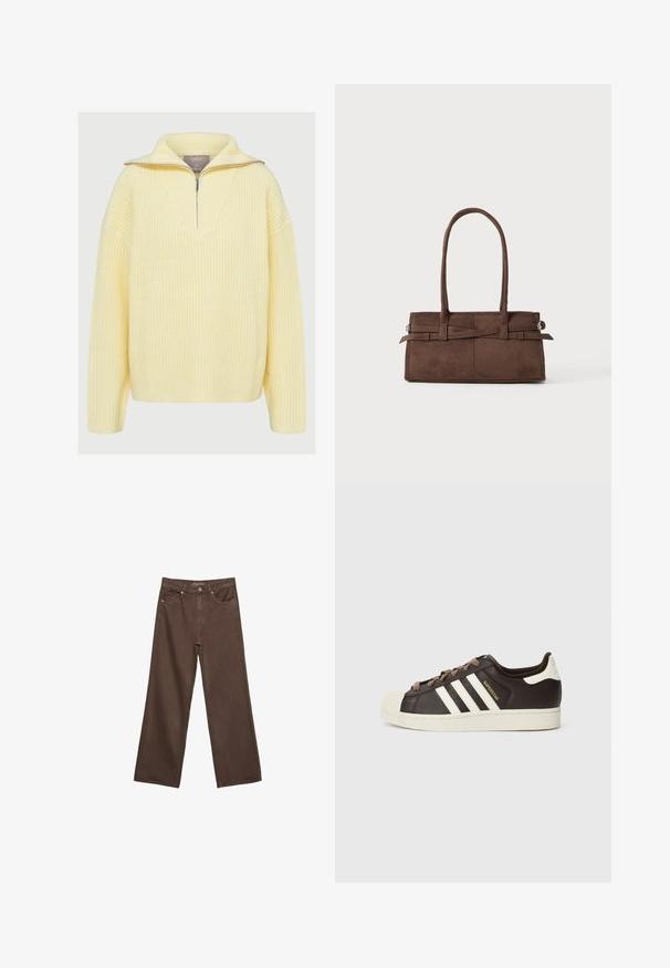 Strikket pullover i blødt gult, med halvlukket design, bred krave og ribbet tekstur. Løs pasform med lange ærmer.; Bredde ben brun denim jeans med høj talje, forlommer og klassisk knaplukning. Glat tekstur med diskret syninger.; Low-top Adidas Superstar-sneaker i mørkebrunt læder med cremefarvet skal-tå, hvide striber og teksten "Superstar" på siden.; Brun ruskinds håndtaske med to robuste håndtag, rektangulær form og dekorativt stropdetalje på forsiden.