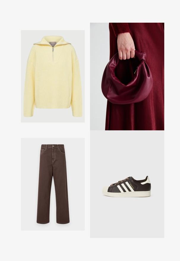 Gestickter Pullover in sanftem Gelb, ausgestattet mit einem Halb-Reißverschluss, breitem Kragen und geripptem Textur. Lockere Passform mit langen Ärmeln.; Braune weit geschnittene Jeanshose mit kontrastierenden Nähten, fünf Taschen und einer metallenen Knopfverschlus. Glatte Textur, gerader Schnitt.; Low-Top Adidas Superstar Sneaker aus dunkelbraunem Leder mit cremefarbener Schale an der Spitze, weißen Streifen und dem Schriftzug "Superstar" an der Seite.; Burgunderleder-Handtasche mit einem weichen, gerafften Design und einer gerundeten Form. Der Griff ist gesichert und zeigt eine glatte Textur.