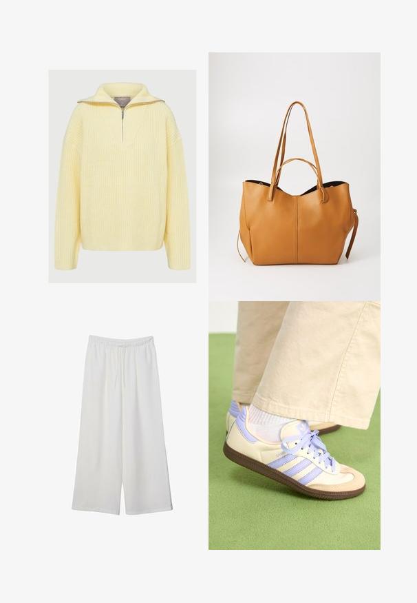 Sweter w kolorze miękkiego żółtego, z półzamkiem, szerokim kołnierzem i ribbami. Luźny fason z długimi rękawami.; Białe szerokie spodnie wykonane z lekkiego materiału, z elastyczną talią i sznurkiem do regulacji fasonu. Gładka tekstura.; Kremowe i lawendowe trampki z trzema paskami oraz teksturowaną brązową podeszwą, wyposażone w sznurówki i wyścieloną piętę. Górna część z miękkiego materiału.; Torebka tote w kolorze tan z teksturowanym wykończeniem, szerokim otwarciem i dwoma długimi uchwytami. Posiada prosty design i minimalną ilość okuć.