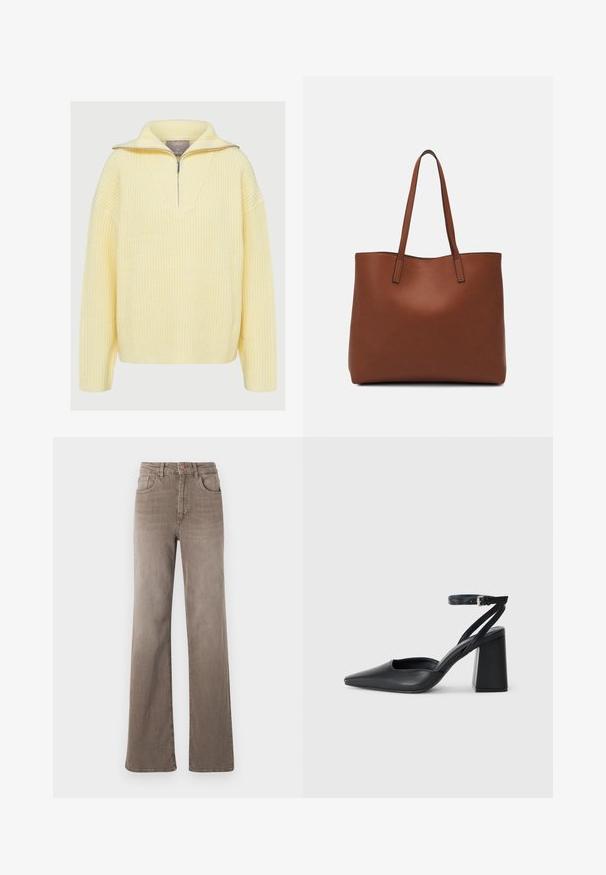 Pletený pulóver v jemne žltej farbe, s polovičným zipsom, širokým golierom a rebrovanou textúrou. Voľný strih s dlhými rukávmi.; Hnedé high-waist rovné džínsy so zapínaním na prednej strane, pútkami na opasok a klasickým dizajnom s piatimi vreckami na bielom pozadí.; Čierne kožené lodičky s špicatou špičkou a členkovým remienkom, s masívnym podpätkom. Hladký povrch, elegantný dizajn a minimalistická estetika.; Hnedá kožená taška na rameno s hladkou textúrou, otvoreným vrchom a dvoma ramenými popruhmi. Má minimálne šitia a žiadne viditeľné kovania.