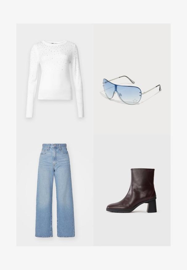 ONLY ONLSOLITA STONE DETAIL O NECK - Džemperis - cloud dancer; Gaiši zili augstās jostas vidukļa platās bikses ar priekšējo pogu un rāvējslēdzēju, priekšējām un aizmugurējām kabatām uz baltā fona.; Tumši brūni ādas potītes zābaki ar blokveida papēdi un apaļu purngali, izvietoti uz vienkārša gaiši pelēka fona.; Pilotstila saulesbrilles ar gradienta zilām lēcām, sudraba metāla rāmjiem un dekoratīvām zvaigžņu akcentiem uz lēcām. Gluda un eleganta dizaina.